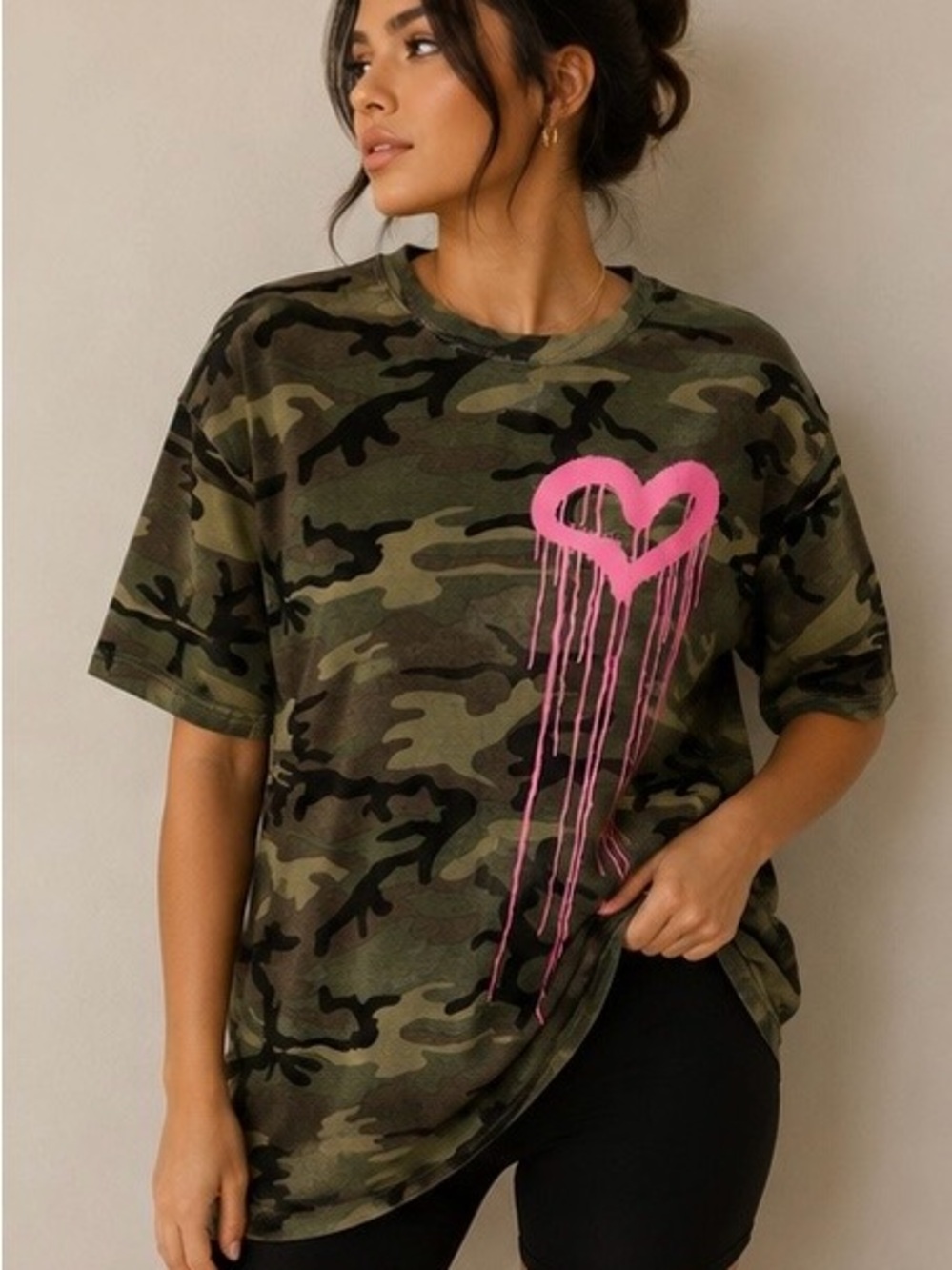 Fashion Nova Camo Short Sleeve Tee with Pink Drip Heart